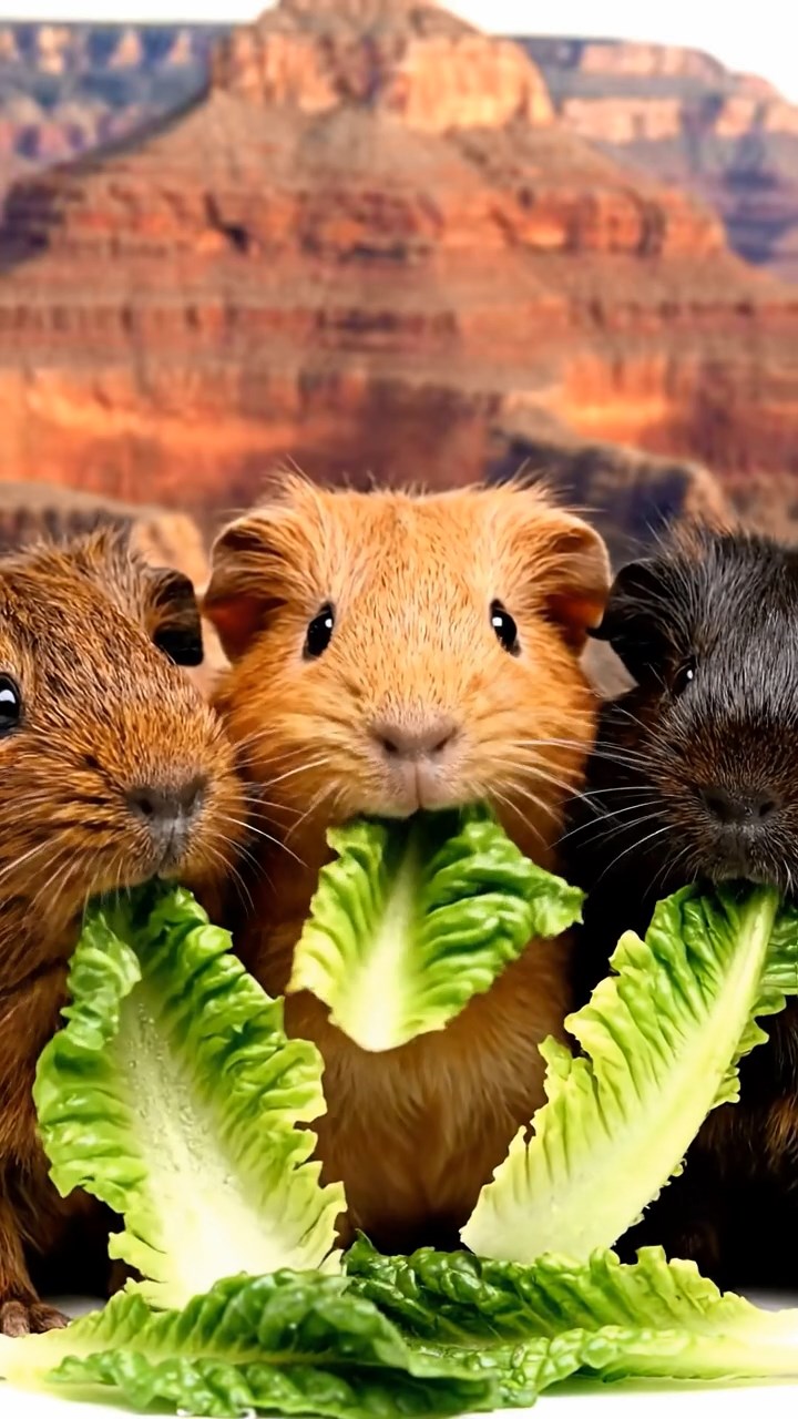1021. Photorealistic scene of 3 smooth-haired American guinea pigs with chocolate, cinnamon, and sable fur, chewing on romaine lettuce, in a dramatic Grand Canyon gorge with layered rock formations.