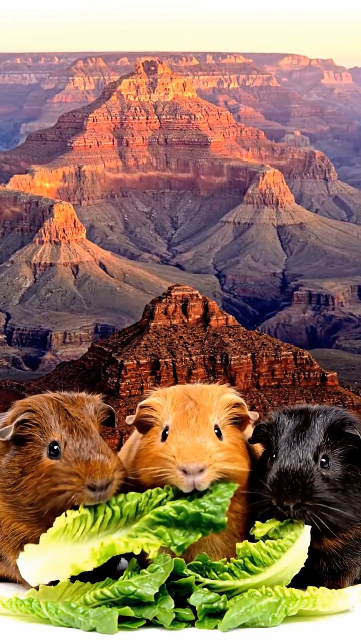 1021. Photorealistic scene of 3 smooth-haired American guinea pigs with chocolate, cinnamon, and sable fur, chewing on romaine lettuce, in a dramatic Grand Canyon gorge with layered rock formations.
