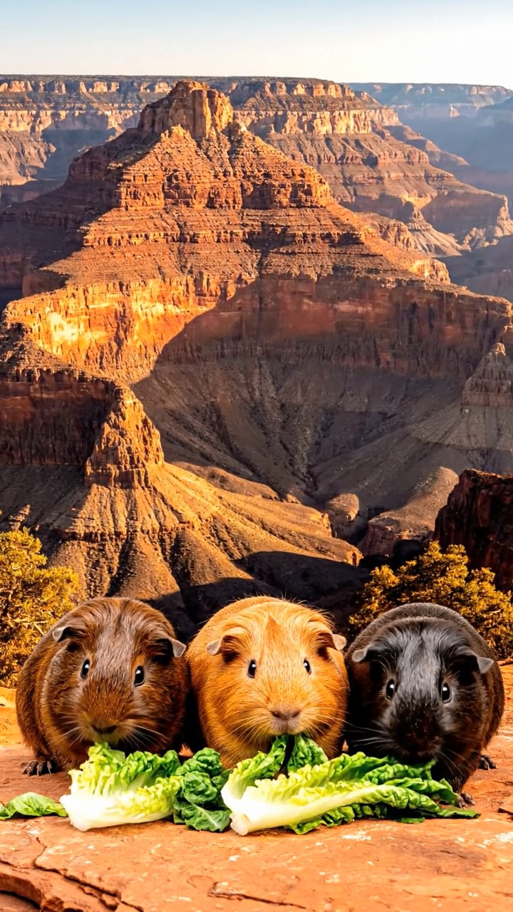 1021. Photorealistic scene of 3 smooth-haired American guinea pigs with chocolate, cinnamon, and sable fur, chewing on romaine lettuce, in a dramatic Grand Canyon gorge with layered rock formations.