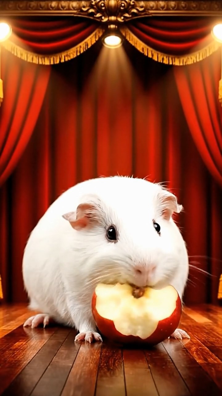 1022. Realistic depiction of 1 smooth-haired Abyssinian guinea pig with white fur, munching on apple cores, on a opulent Broadway theater stage with velvet drapes and spotlights.