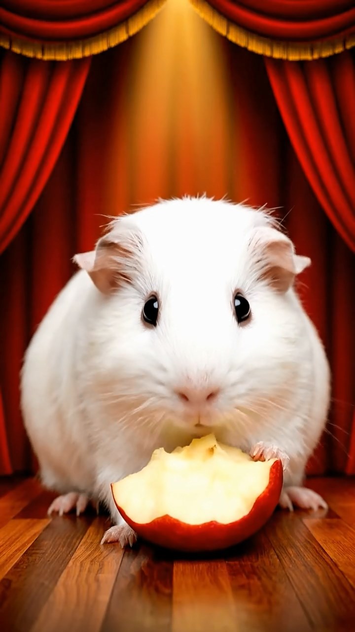 1022. Realistic depiction of 1 smooth-haired Abyssinian guinea pig with white fur, munching on apple cores, on a opulent Broadway theater stage with velvet drapes and spotlights.
