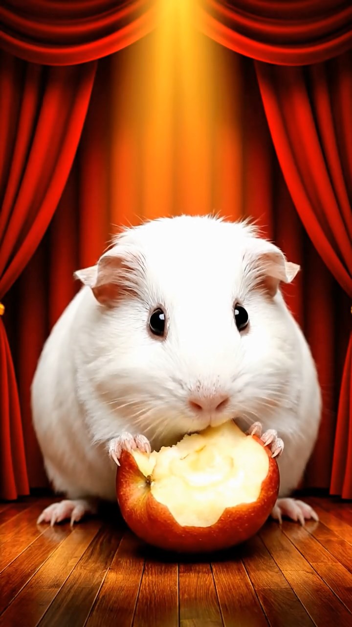 1022. Realistic depiction of 1 smooth-haired Abyssinian guinea pig with white fur, munching on apple cores, on a opulent Broadway theater stage with velvet drapes and spotlights.