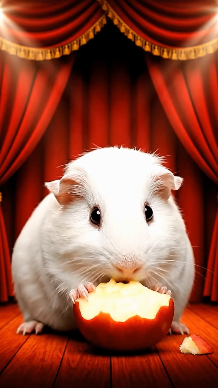 1022. Realistic depiction of 1 smooth-haired Abyssinian guinea pig with white fur, munching on apple cores, on a opulent Broadway theater stage with velvet drapes and spotlights.