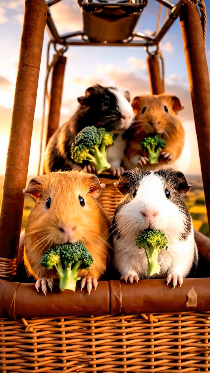 1023. Detailed photo of 4 smooth-haired Peruvian guinea pigs featuring orange, gray, and black coats, sharing broccoli florets, inside a drifting hot air balloon basket over patchwork fields.
