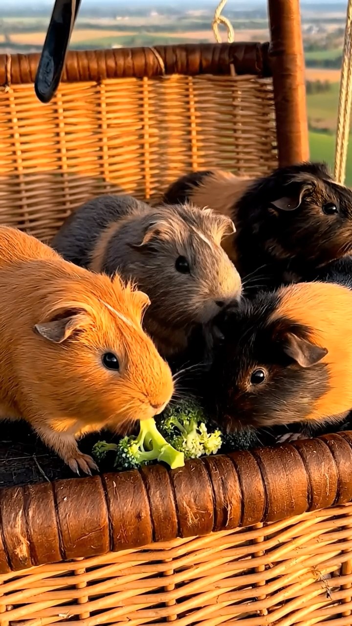 1023. Detailed photo of 4 smooth-haired Peruvian guinea pigs featuring orange, gray, and black coats, sharing broccoli florets, inside a drifting hot air balloon basket over patchwork fields.
