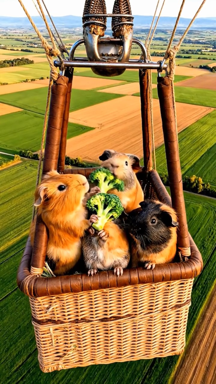 1023. Detailed photo of 4 smooth-haired Peruvian guinea pigs featuring orange, gray, and black coats, sharing broccoli florets, inside a drifting hot air balloon basket over patchwork fields.