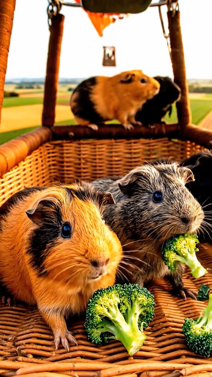 1023. Detailed photo of 4 smooth-haired Peruvian guinea pigs featuring orange, gray, and black coats, sharing broccoli florets, inside a drifting hot air balloon basket over patchwork fields.