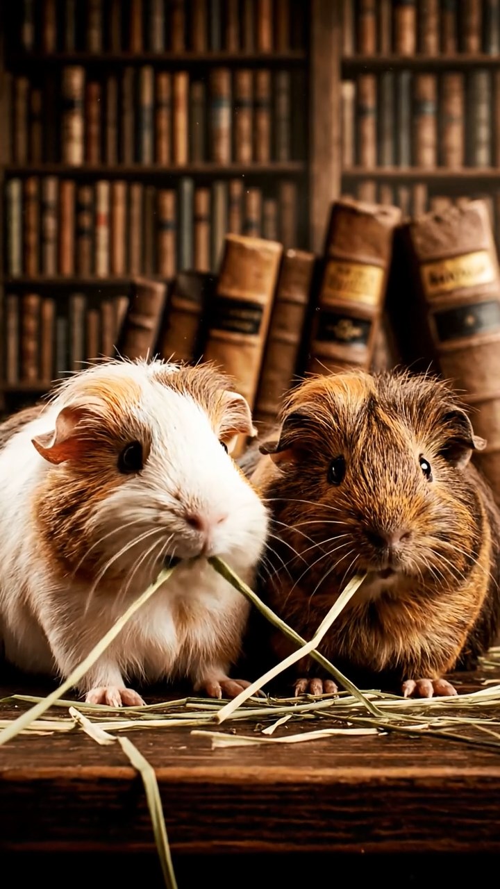 1024. Photorealistic image of 2 smooth-haired Silkie guinea pigs with brown and cream fur, eating dried orchard grass, in a ancient forbidden library with towering bookshelves and forbidden tomes.