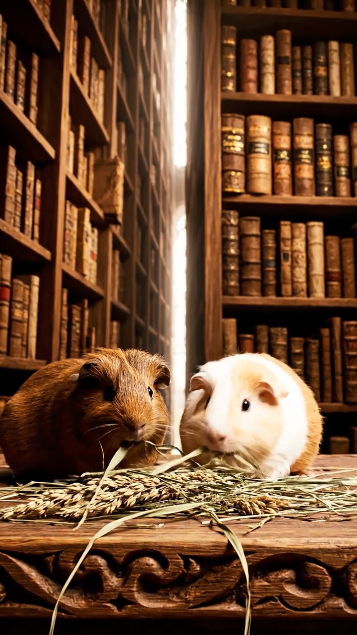 1024. Photorealistic image of 2 smooth-haired Silkie guinea pigs with brown and cream fur, eating dried orchard grass, in a ancient forbidden library with towering bookshelves and forbidden tomes.