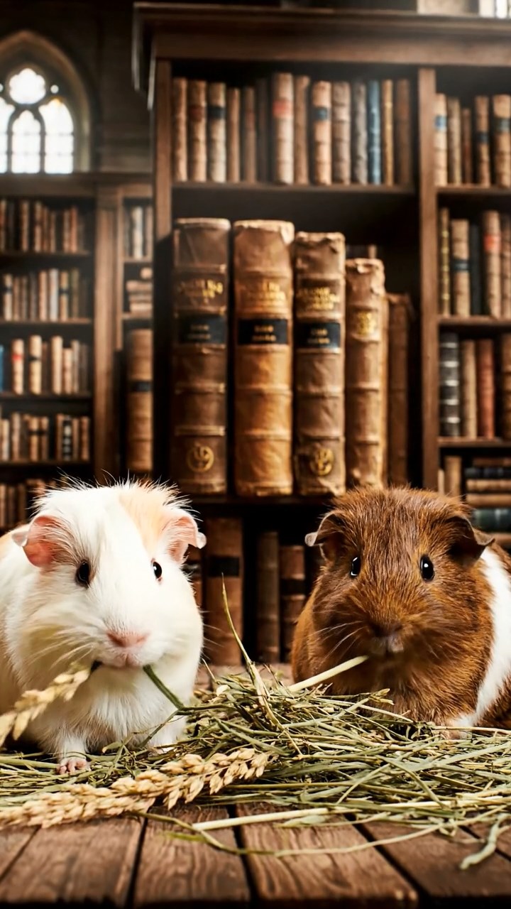 1024. Photorealistic image of 2 smooth-haired Silkie guinea pigs with brown and cream fur, eating dried orchard grass, in a ancient forbidden library with towering bookshelves and forbidden tomes.