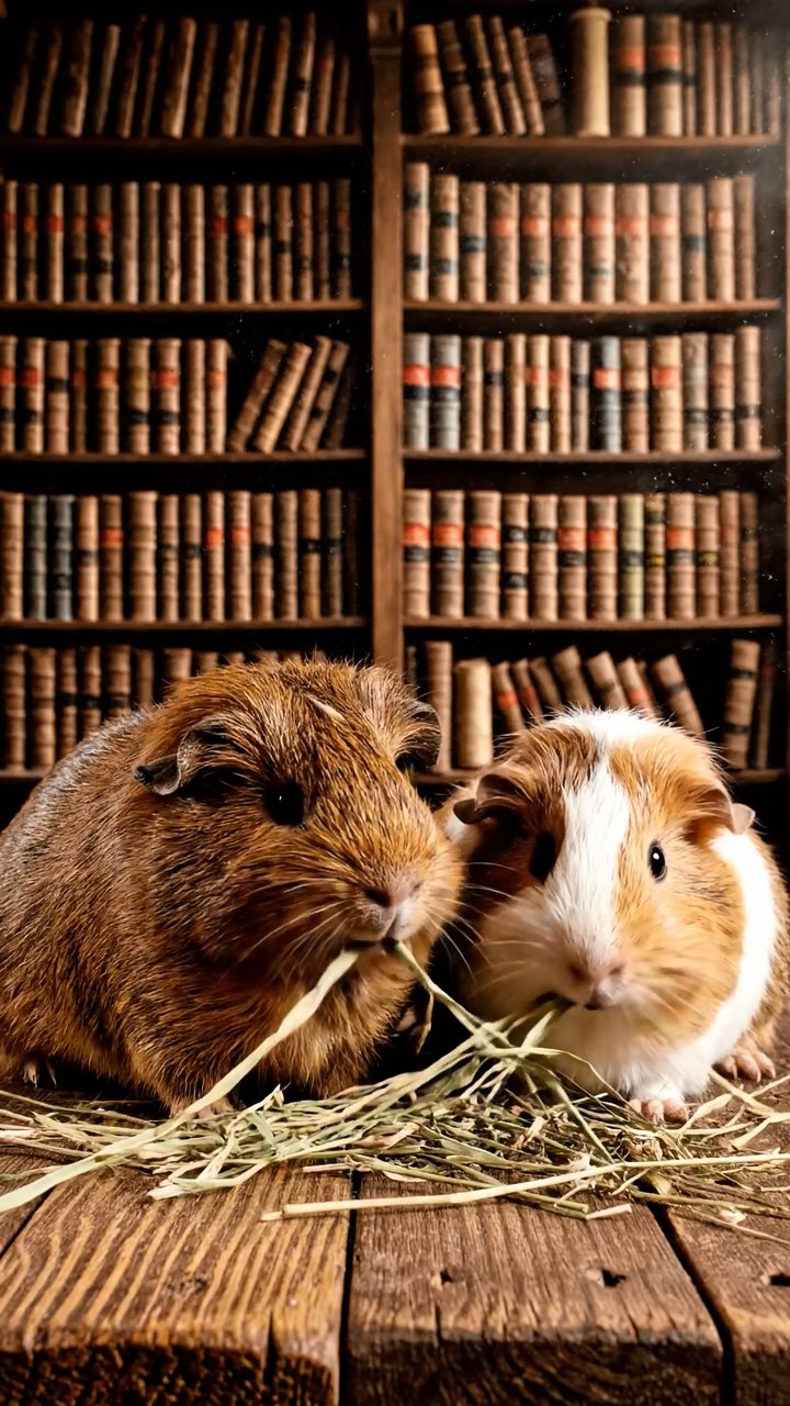1024. Photorealistic image of 2 smooth-haired Silkie guinea pigs with brown and cream fur, eating dried orchard grass, in a ancient forbidden library with towering bookshelves and forbidden tomes.