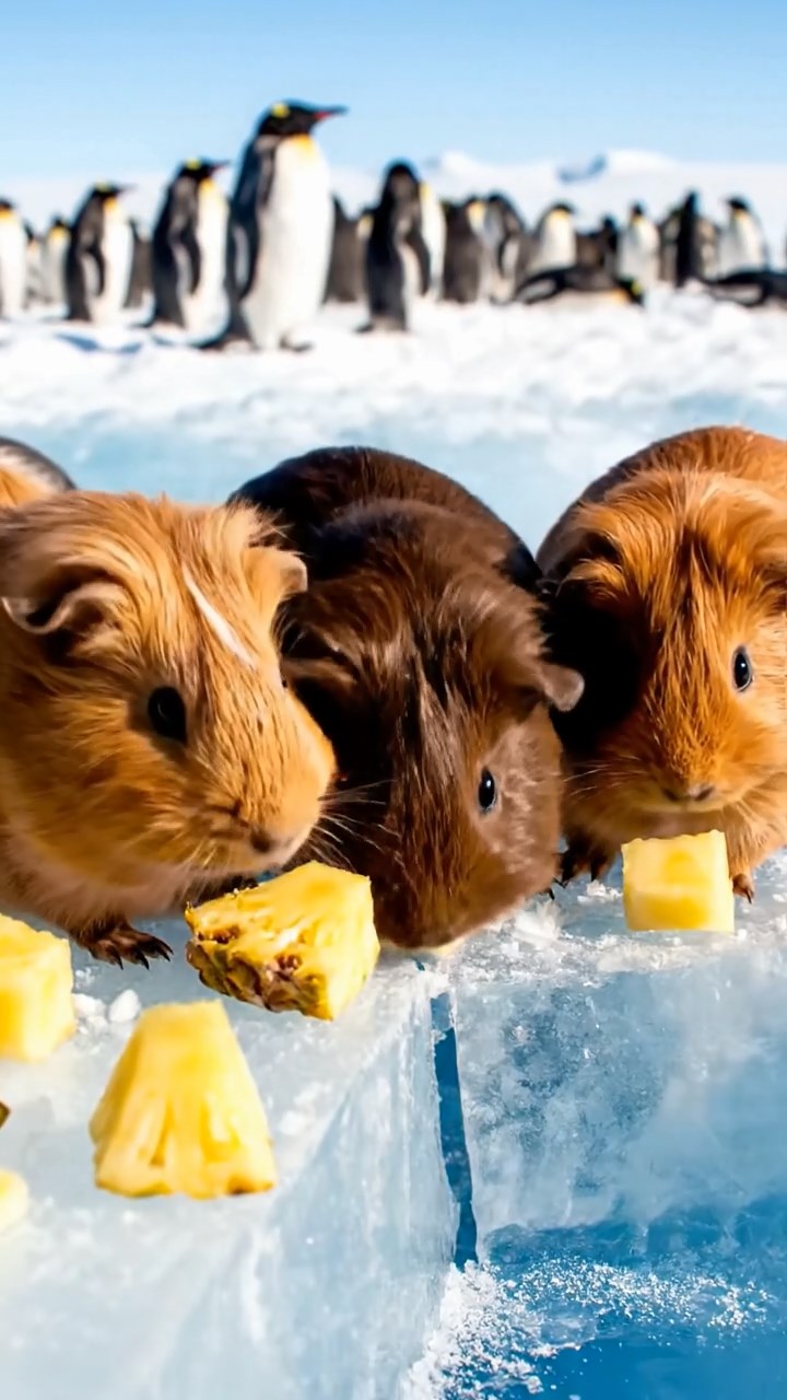 1025. Realistic scene of 5 smooth-haired Teddy guinea pigs in fawn, chocolate, and cinnamon colors, nibbling on pineapple chunks, on a cracking Antarctic glacier with penguin colonies nearby.