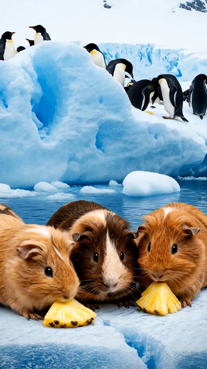 1025. Realistic scene of 5 smooth-haired Teddy guinea pigs in fawn, chocolate, and cinnamon colors, nibbling on pineapple chunks, on a cracking Antarctic glacier with penguin colonies nearby.