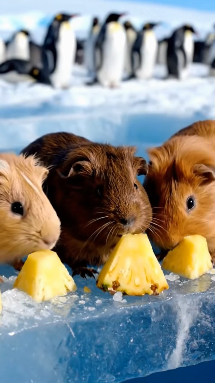 1025. Realistic scene of 5 smooth-haired Teddy guinea pigs in fawn, chocolate, and cinnamon colors, nibbling on pineapple chunks, on a cracking Antarctic glacier with penguin colonies nearby.