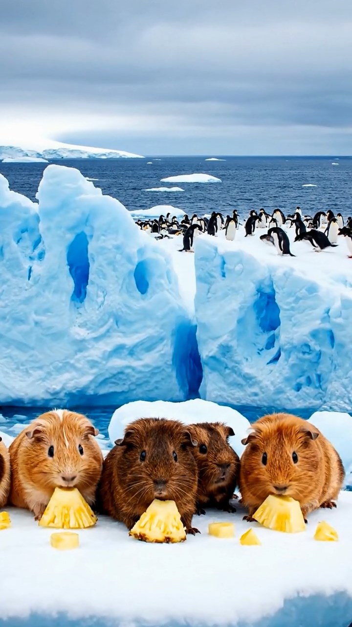 1025. Realistic scene of 5 smooth-haired Teddy guinea pigs in fawn, chocolate, and cinnamon colors, nibbling on pineapple chunks, on a cracking Antarctic glacier with penguin colonies nearby.