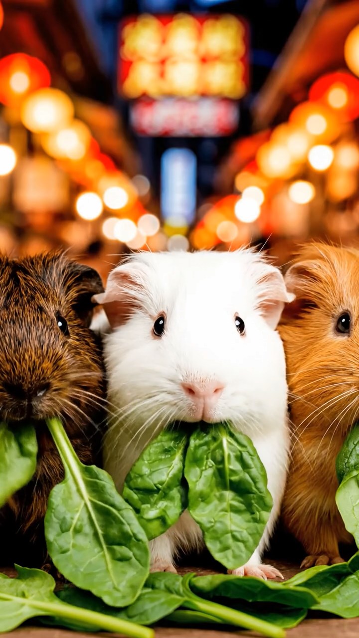 1026. Highly detailed view of 3 smooth-haired Texel guinea pigs with sable, white, and orange fur, chewing on spinach, in a chaotic Asian night market with street food stalls and lanterns.