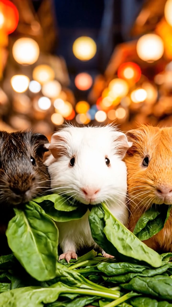 1026. Highly detailed view of 3 smooth-haired Texel guinea pigs with sable, white, and orange fur, chewing on spinach, in a chaotic Asian night market with street food stalls and lanterns.