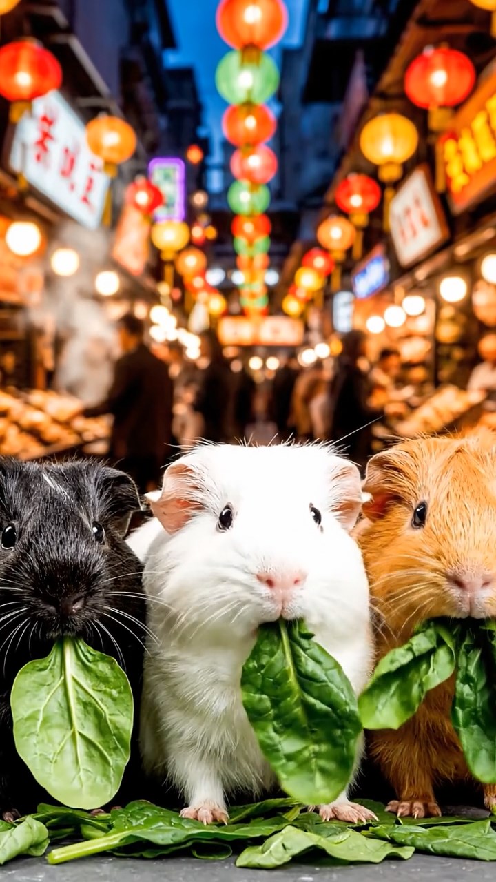 1026. Highly detailed view of 3 smooth-haired Texel guinea pigs with sable, white, and orange fur, chewing on spinach, in a chaotic Asian night market with street food stalls and lanterns.