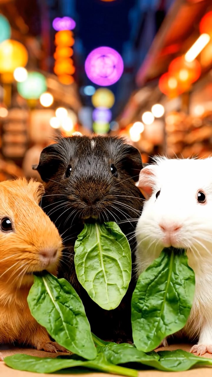 1026. Highly detailed view of 3 smooth-haired Texel guinea pigs with sable, white, and orange fur, chewing on spinach, in a chaotic Asian night market with street food stalls and lanterns.