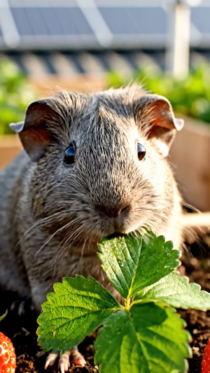 1027. Photorealistic photo of 1 smooth-haired Rex guinea pig with gray fur, munching on strawberry leaves, on a eco-friendly rooftop farm with vegetable beds and solar panels.