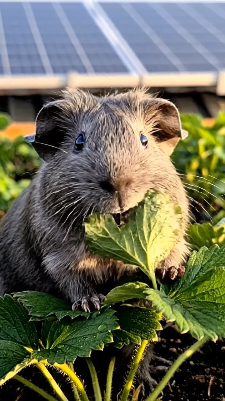 1027. Photorealistic photo of 1 smooth-haired Rex guinea pig with gray fur, munching on strawberry leaves, on a eco-friendly rooftop farm with vegetable beds and solar panels.