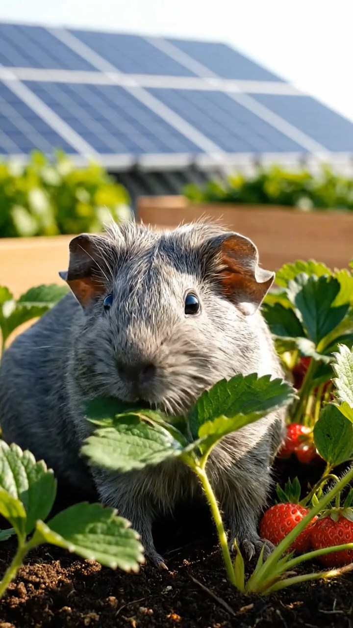 1027. Photorealistic photo of 1 smooth-haired Rex guinea pig with gray fur, munching on strawberry leaves, on a eco-friendly rooftop farm with vegetable beds and solar panels.