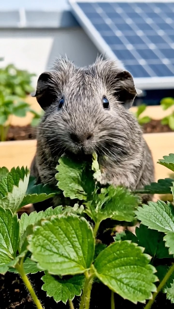 1027. Photorealistic photo of 1 smooth-haired Rex guinea pig with gray fur, munching on strawberry leaves, on a eco-friendly rooftop farm with vegetable beds and solar panels.