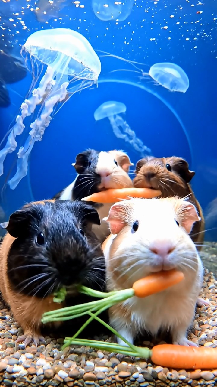 1028. Realistic depiction of 4 smooth-haired Coronet guinea pigs featuring black, brown, and cream coats, sharing carrot tops, in a immersive aquarium tunnel with jellyfish floating by.