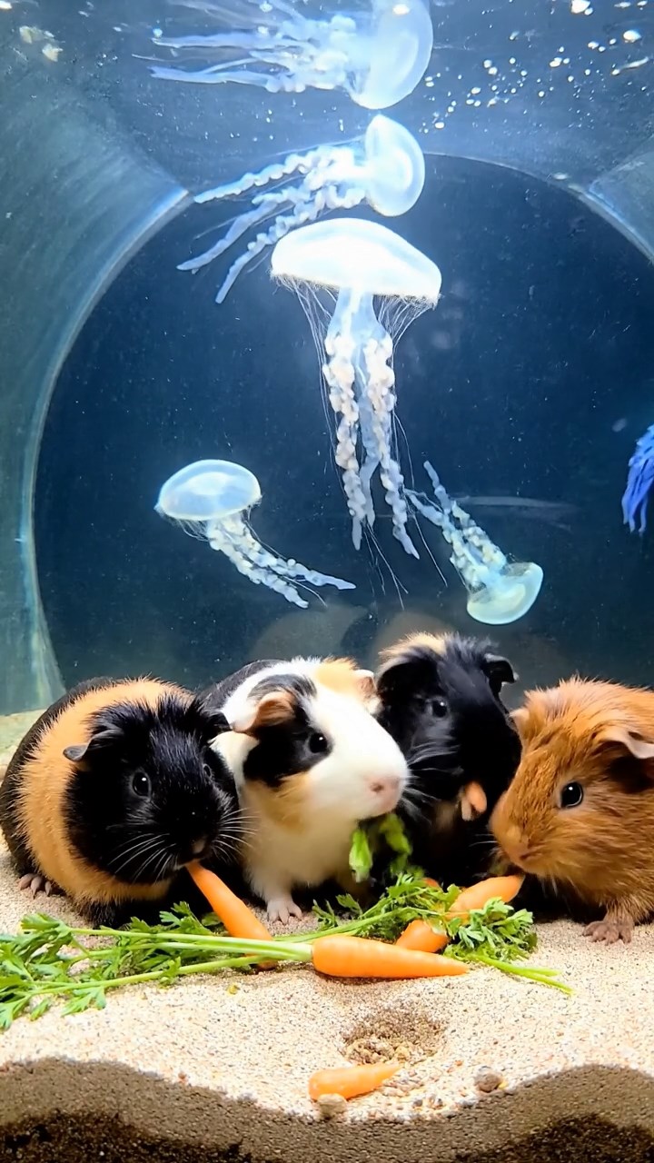 1028. Realistic depiction of 4 smooth-haired Coronet guinea pigs featuring black, brown, and cream coats, sharing carrot tops, in a immersive aquarium tunnel with jellyfish floating by.