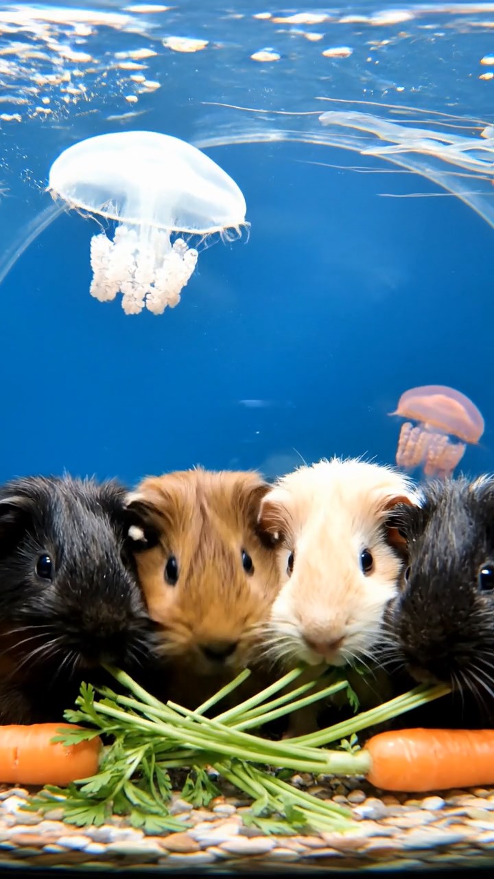1028. Realistic depiction of 4 smooth-haired Coronet guinea pigs featuring black, brown, and cream coats, sharing carrot tops, in a immersive aquarium tunnel with jellyfish floating by.