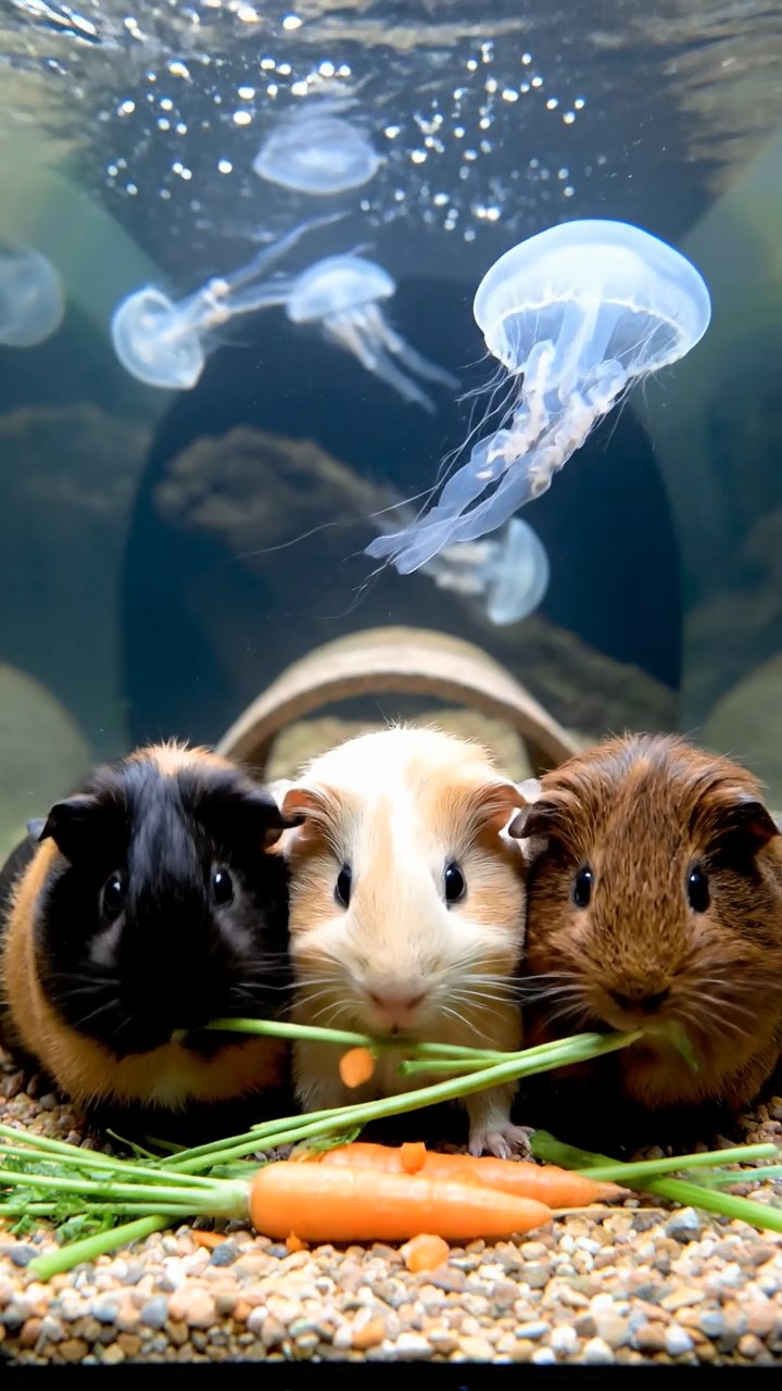 1028. Realistic depiction of 4 smooth-haired Coronet guinea pigs featuring black, brown, and cream coats, sharing carrot tops, in a immersive aquarium tunnel with jellyfish floating by.