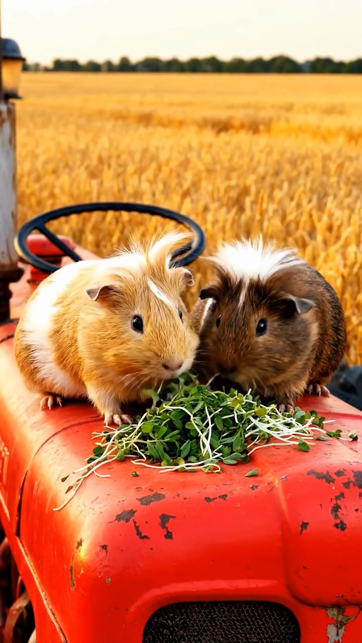 1029. Detailed image of 2 smooth-haired White Crested guinea pigs with fawn and chocolate fur, eating alfalfa sprouts, on a vintage red tractor in a golden wheat field.