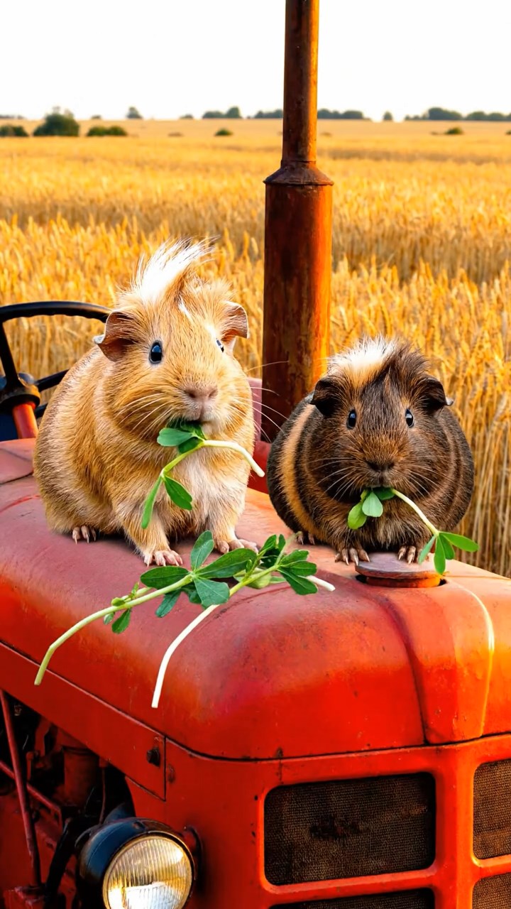 1029. Detailed image of 2 smooth-haired White Crested guinea pigs with fawn and chocolate fur, eating alfalfa sprouts, on a vintage red tractor in a golden wheat field.