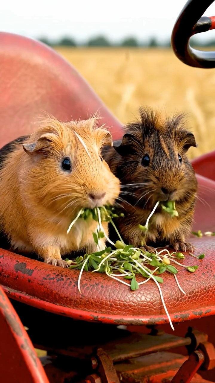 1029. Detailed image of 2 smooth-haired White Crested guinea pigs with fawn and chocolate fur, eating alfalfa sprouts, on a vintage red tractor in a golden wheat field.