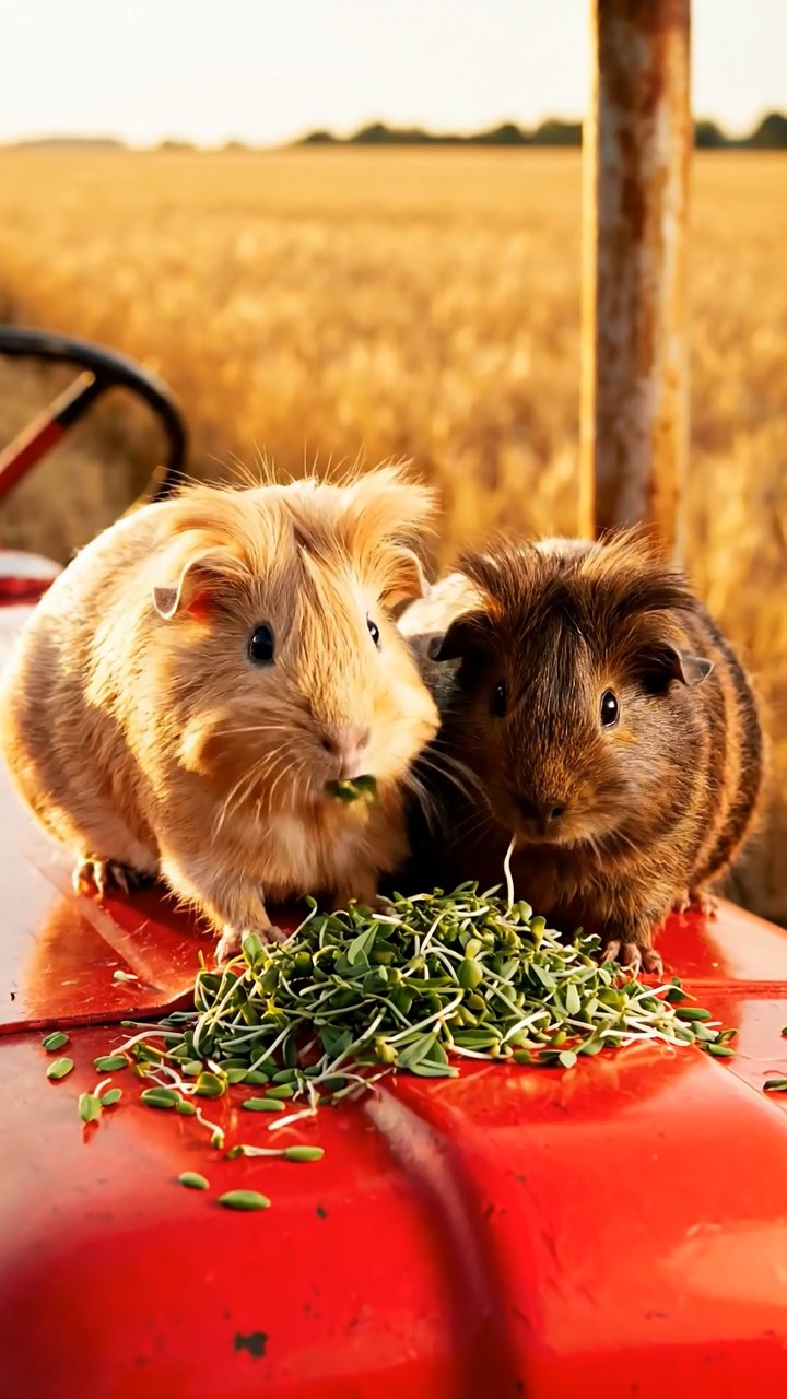 1029. Detailed image of 2 smooth-haired White Crested guinea pigs with fawn and chocolate fur, eating alfalfa sprouts, on a vintage red tractor in a golden wheat field.