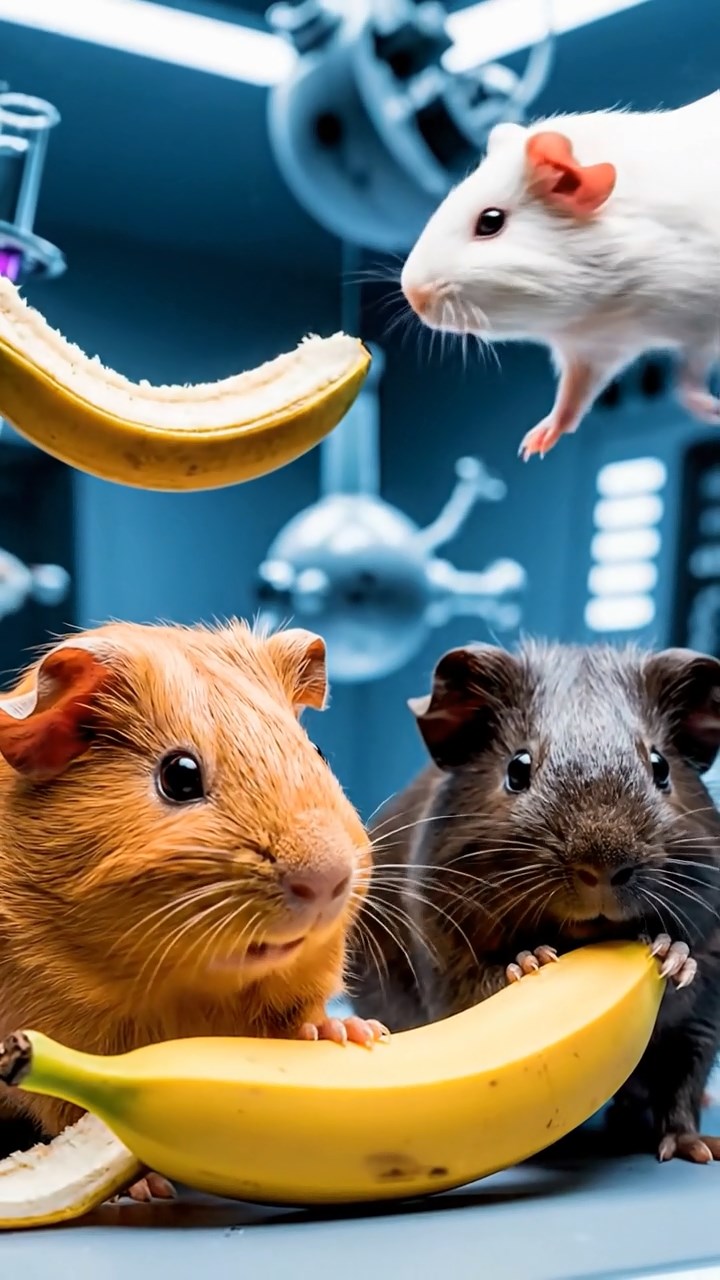 1030. Photorealistic scene of 3 smooth-haired Skinny guinea pigs in cinnamon, sable, and white colors, nibbling on banana peels, inside a zero-gravity space station lab with floating experiments.