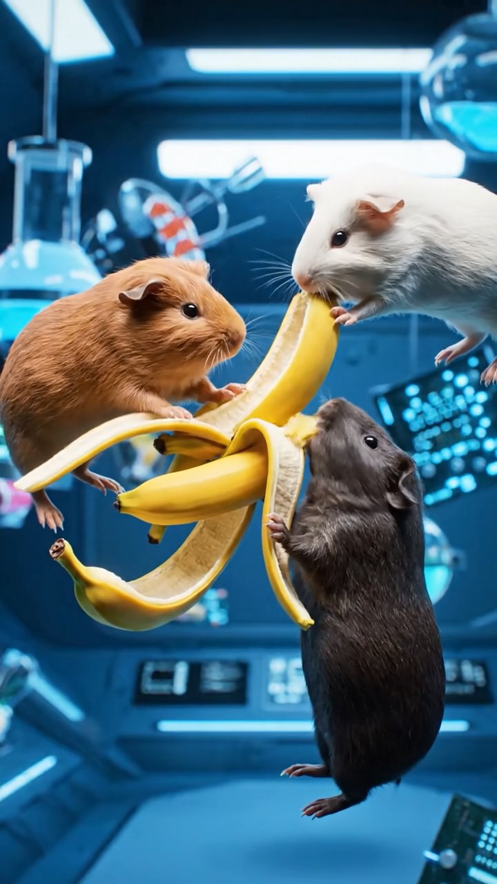 1030. Photorealistic scene of 3 smooth-haired Skinny guinea pigs in cinnamon, sable, and white colors, nibbling on banana peels, inside a zero-gravity space station lab with floating experiments.