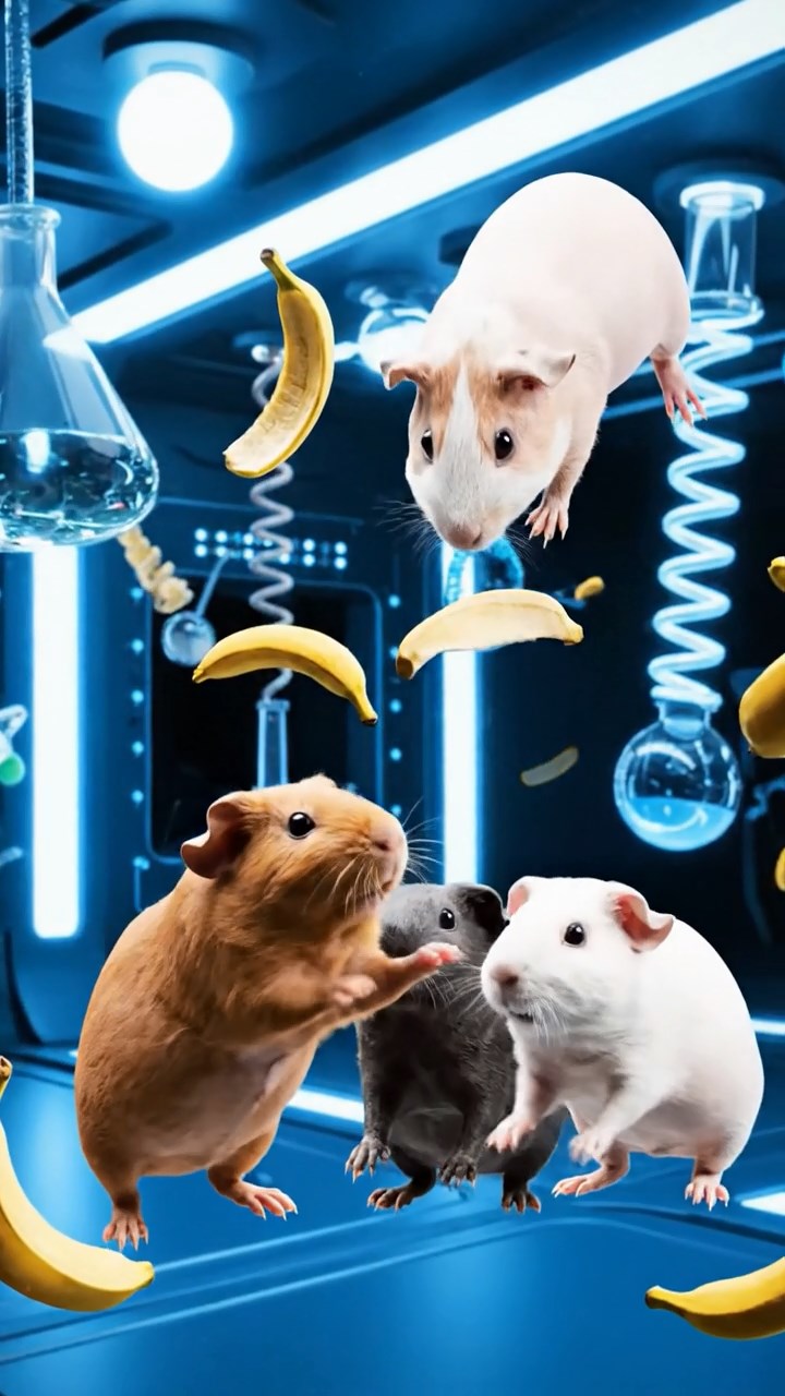 1030. Photorealistic scene of 3 smooth-haired Skinny guinea pigs in cinnamon, sable, and white colors, nibbling on banana peels, inside a zero-gravity space station lab with floating experiments.