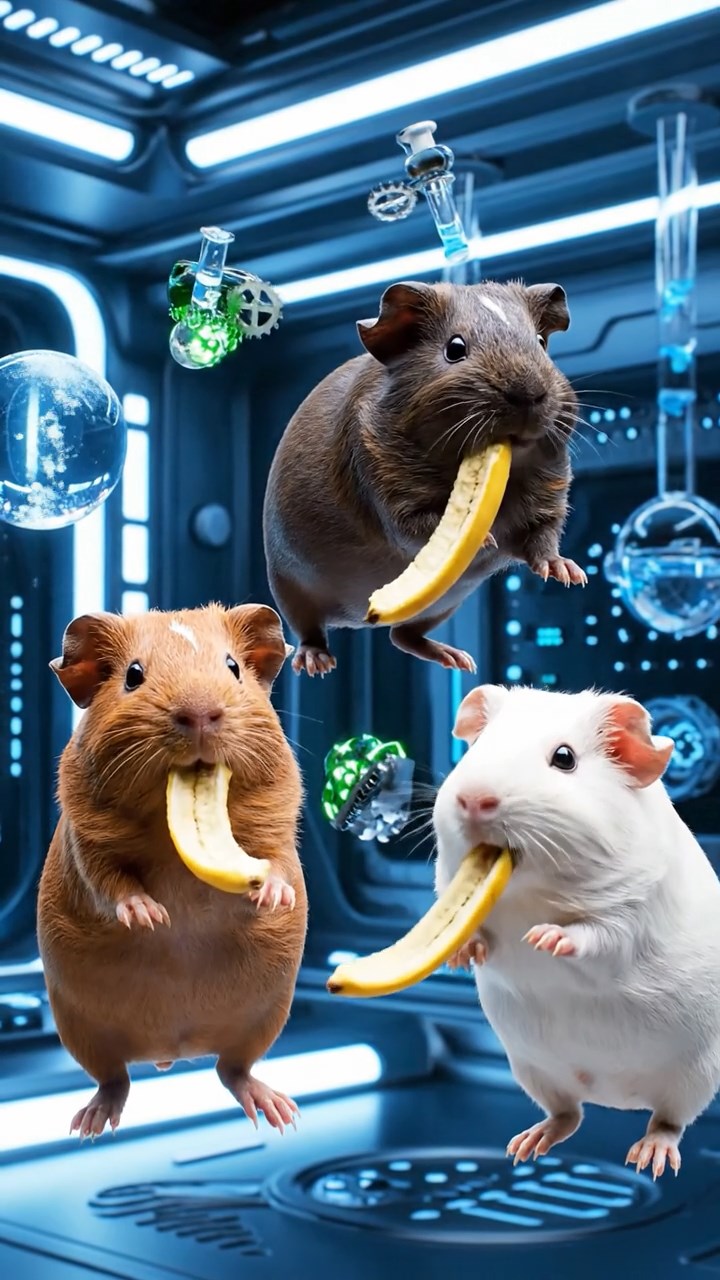1030. Photorealistic scene of 3 smooth-haired Skinny guinea pigs in cinnamon, sable, and white colors, nibbling on banana peels, inside a zero-gravity space station lab with floating experiments.