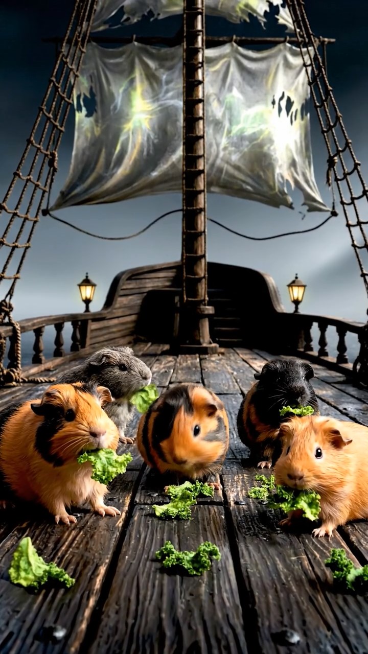1031. Realistic photo of 5 smooth-haired American guinea pigs with orange, gray, and black fur, chewing on kale chips, on the deck of a ghostly pirate ghost ship with tattered sails.
