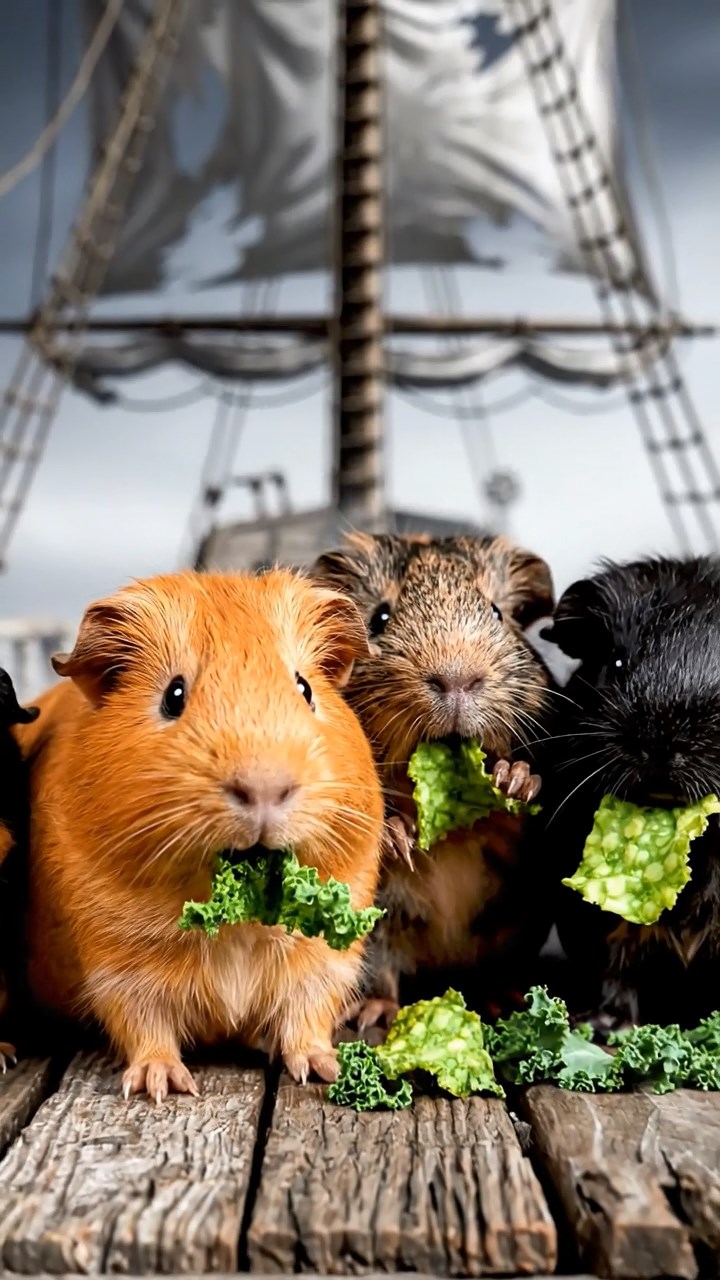 1031. Realistic photo of 5 smooth-haired American guinea pigs with orange, gray, and black fur, chewing on kale chips, on the deck of a ghostly pirate ghost ship with tattered sails.