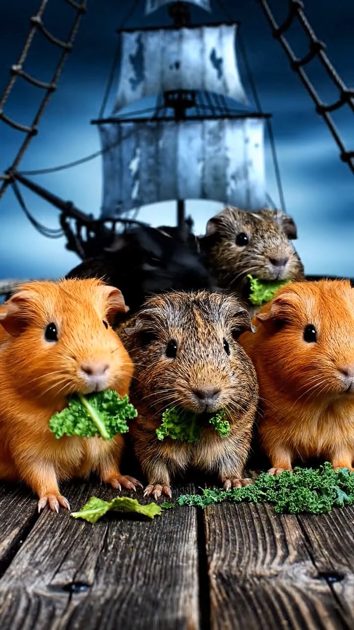 1031. Realistic photo of 5 smooth-haired American guinea pigs with orange, gray, and black fur, chewing on kale chips, on the deck of a ghostly pirate ghost ship with tattered sails.