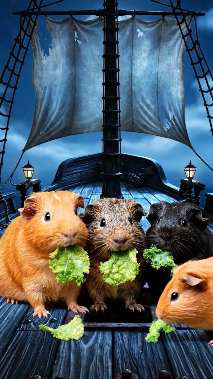 1031. Realistic photo of 5 smooth-haired American guinea pigs with orange, gray, and black fur, chewing on kale chips, on the deck of a ghostly pirate ghost ship with tattered sails.