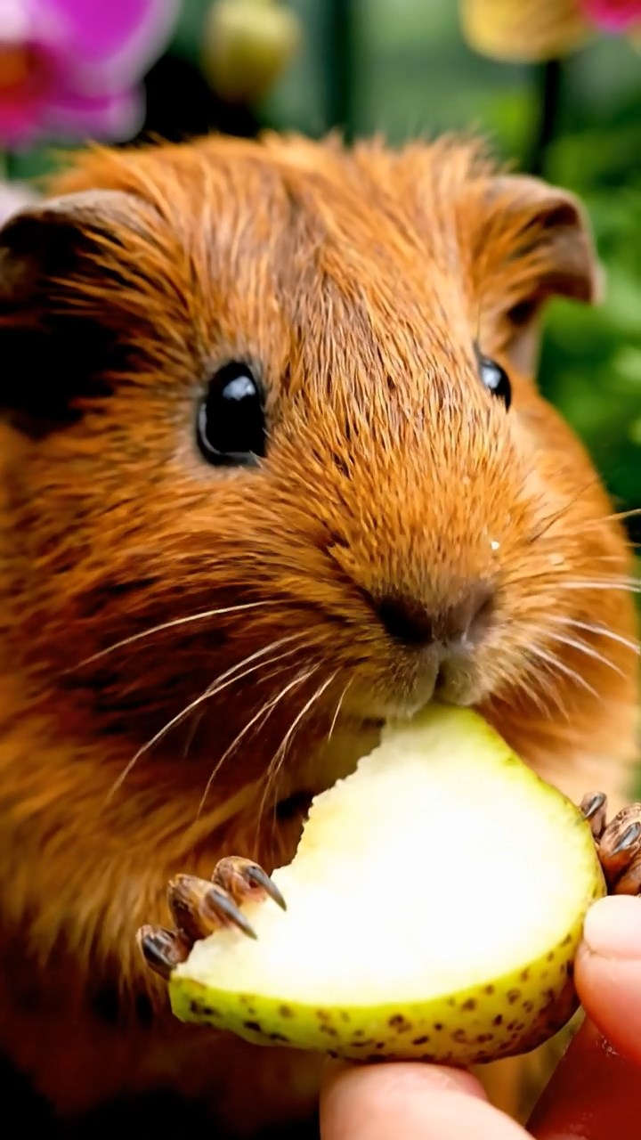 1032. Highly detailed view of 1 smooth-haired Abyssinian guinea pig with brown fur, munching on pear slices, in a humid Victorian greenhouse with exotic orchids and ferns.