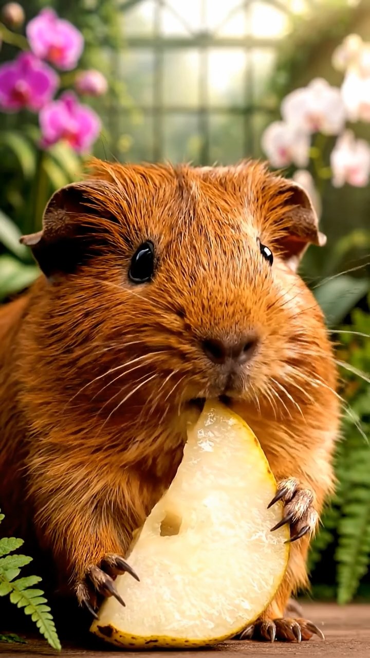 1032. Highly detailed view of 1 smooth-haired Abyssinian guinea pig with brown fur, munching on pear slices, in a humid Victorian greenhouse with exotic orchids and ferns.