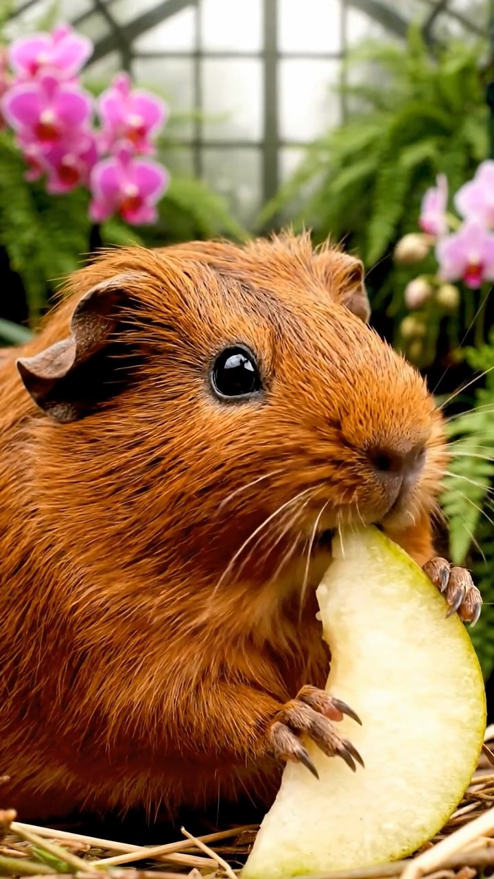 1032. Highly detailed view of 1 smooth-haired Abyssinian guinea pig with brown fur, munching on pear slices, in a humid Victorian greenhouse with exotic orchids and ferns.