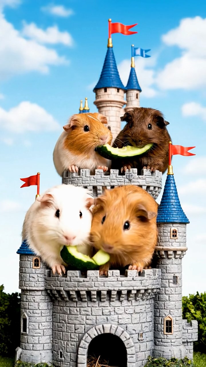1033. Photorealistic image of 4 smooth-haired Peruvian guinea pigs featuring cream, fawn, and chocolate coats, sharing cucumber peels, atop a fairy-tale castle tower with fluttering flags.