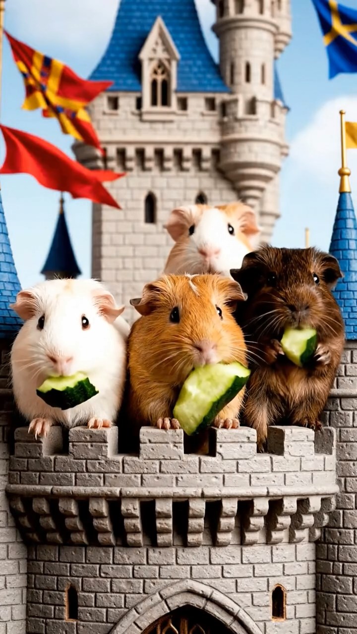 1033. Photorealistic image of 4 smooth-haired Peruvian guinea pigs featuring cream, fawn, and chocolate coats, sharing cucumber peels, atop a fairy-tale castle tower with fluttering flags.