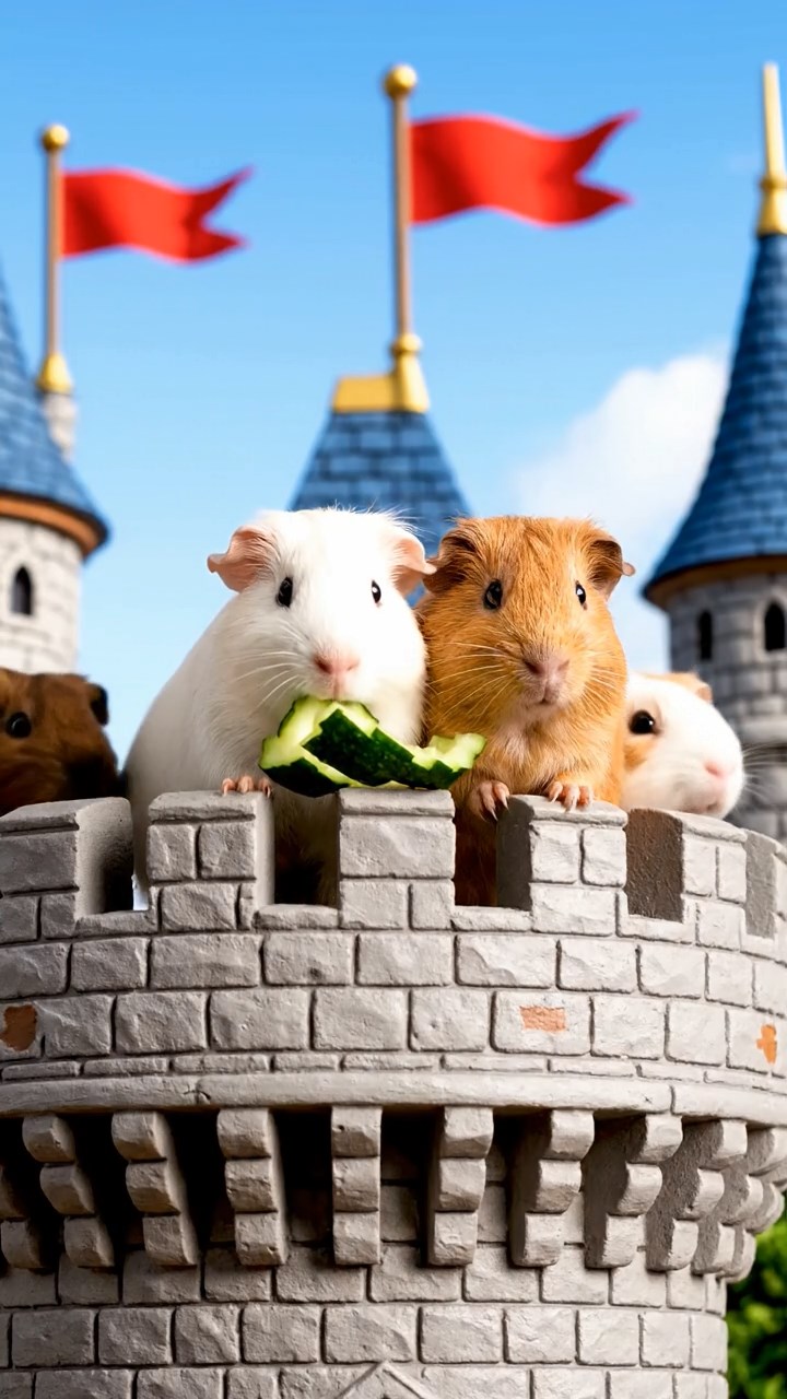 1033. Photorealistic image of 4 smooth-haired Peruvian guinea pigs featuring cream, fawn, and chocolate coats, sharing cucumber peels, atop a fairy-tale castle tower with fluttering flags.