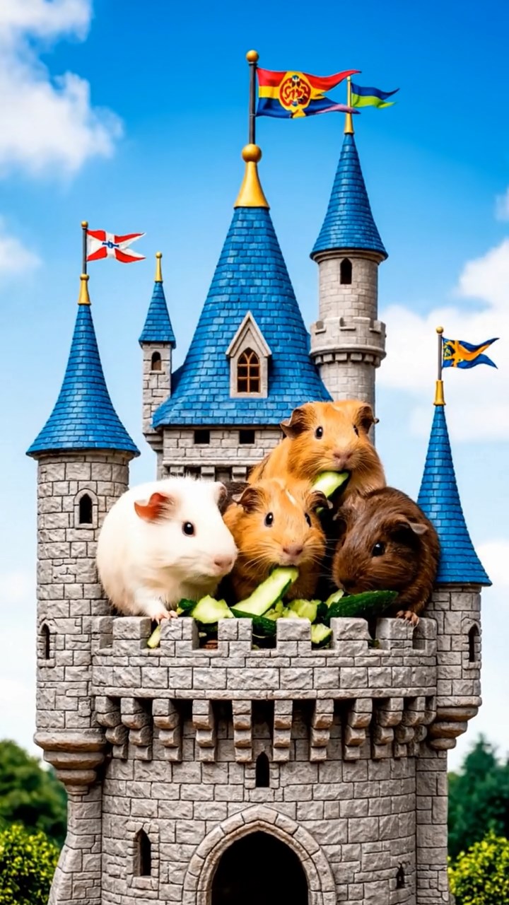 1033. Photorealistic image of 4 smooth-haired Peruvian guinea pigs featuring cream, fawn, and chocolate coats, sharing cucumber peels, atop a fairy-tale castle tower with fluttering flags.